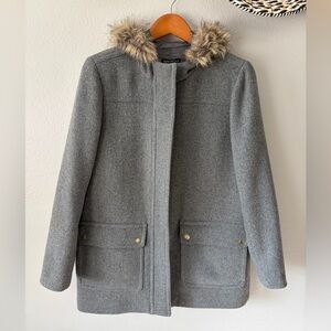 J. Crew Mercantile Wool Blend Vail Parka Fur-Trimmed Coat Graphite Gray Women 10